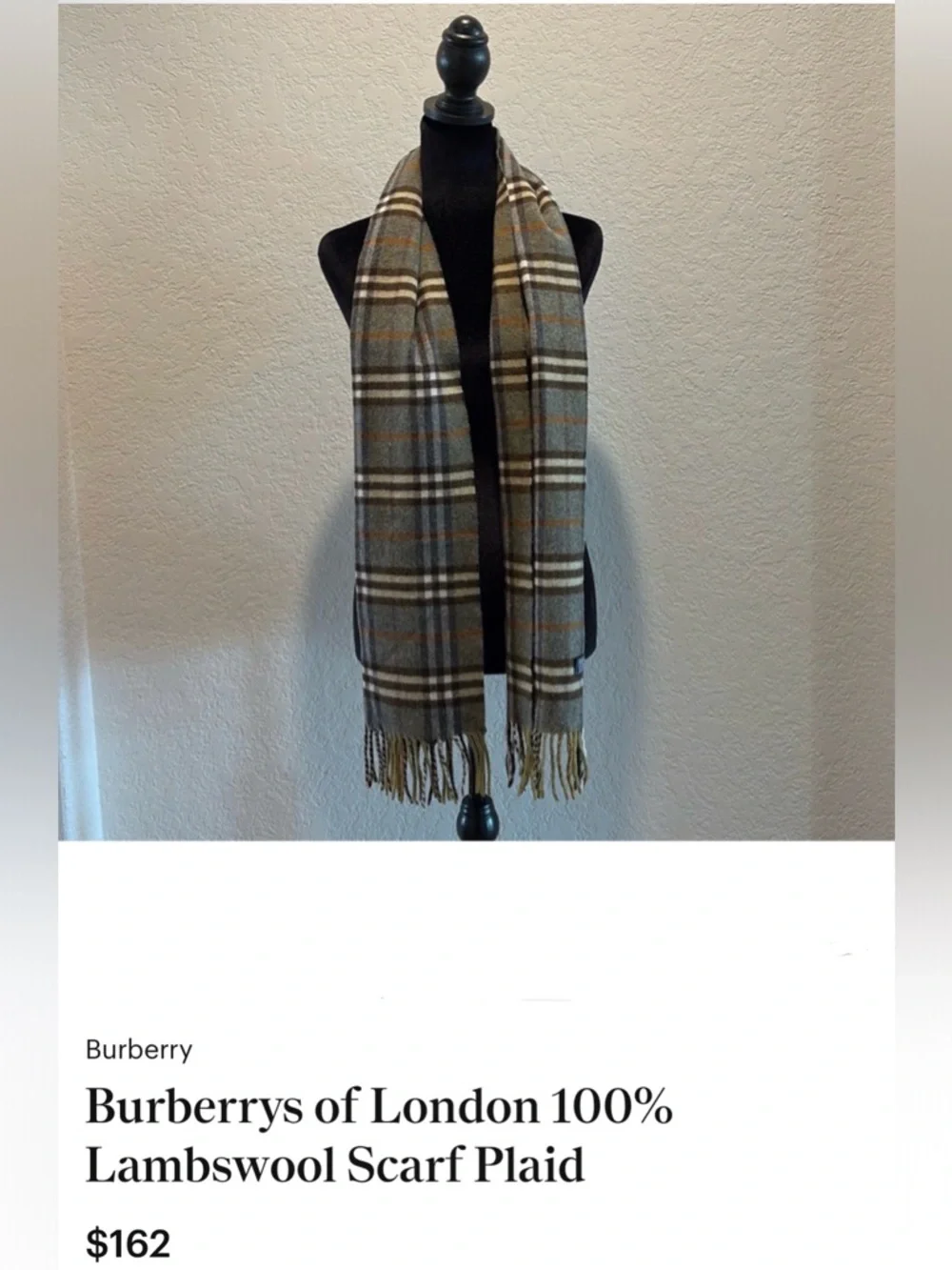 Burberry  Gray Plaid  100% LambWool Scarf with Fringe